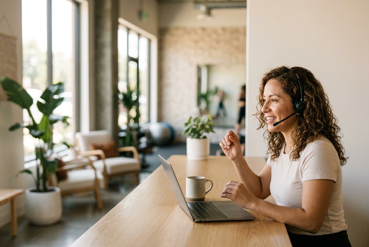 A front desk associate on a call at a fitness studio