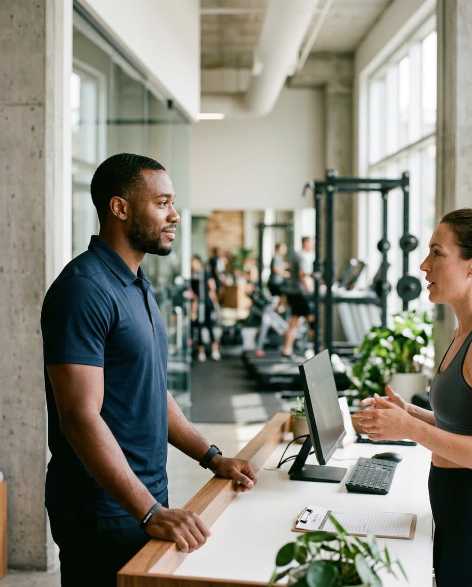 A trainer talking with a member at a gym front desk